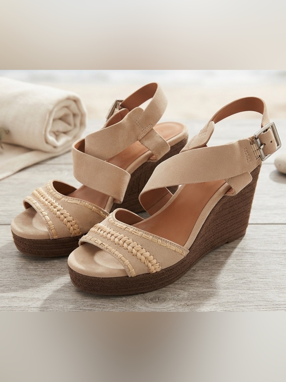 Indigo Neutral Tan Braided Wedge Sandals